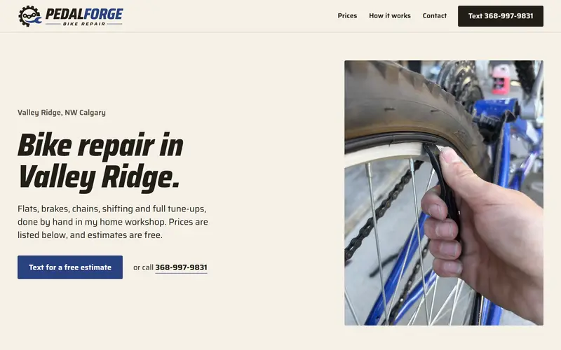 The Pedal Forge Bike Repair homepage on a laptop screen, with the headline 'Bike repair in Valley Ridge.' beside a photo of a tire lever on a wheel.